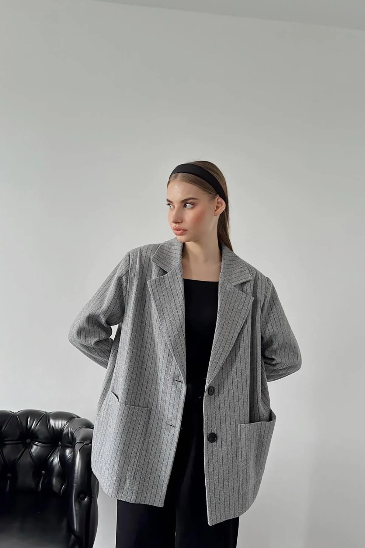 Gri Çizgili Oversize Ceket - Gri
