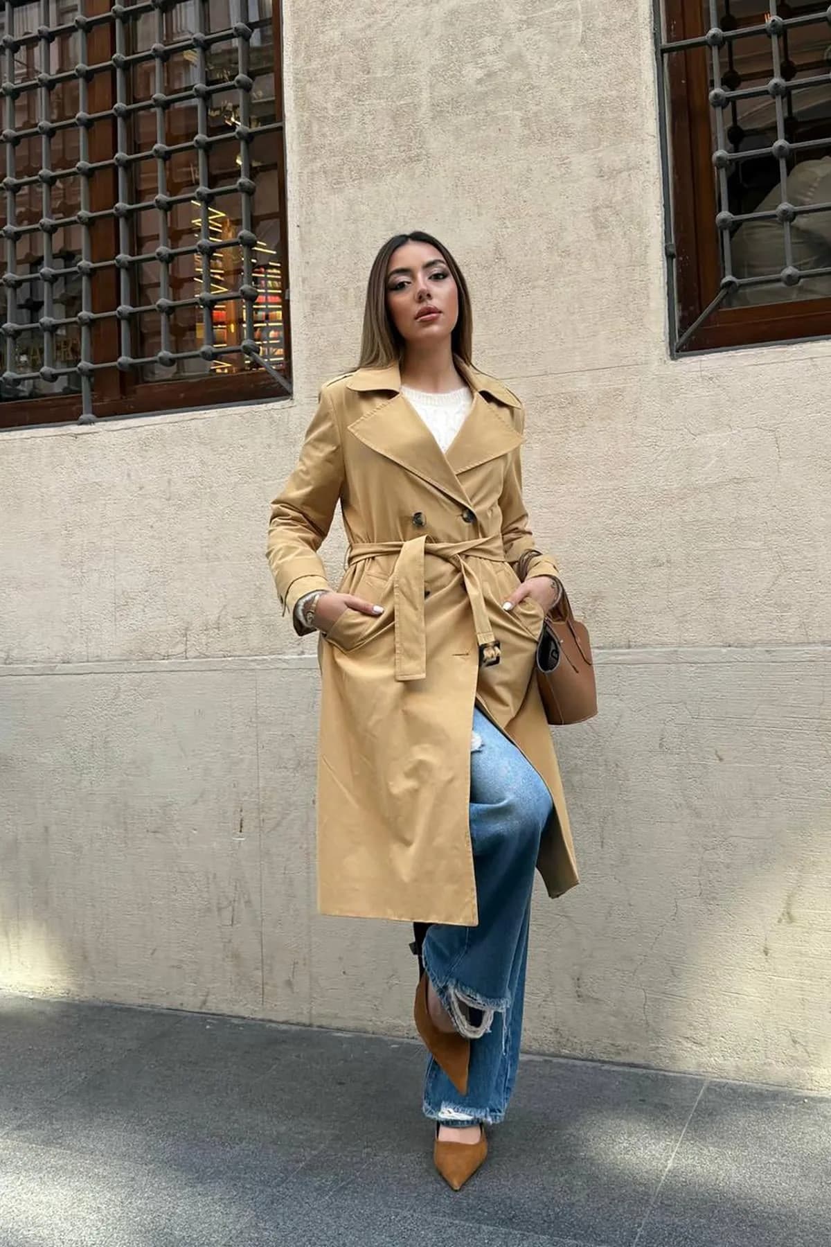 Camel Uzun Kemerli Trençkot - Camel