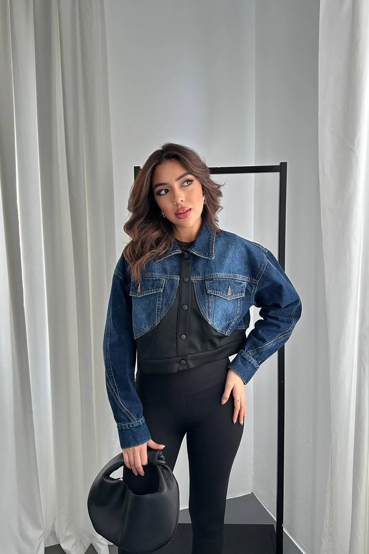 Siyah Denim Scuba Garnili Ceket - Siyah