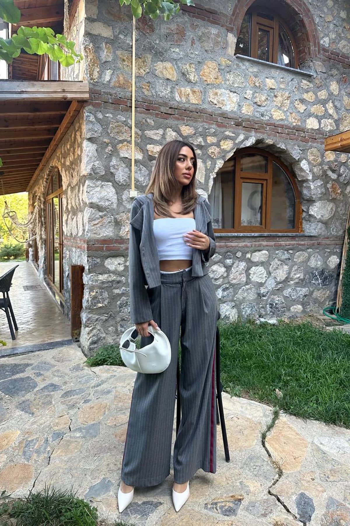 Gri Çizgili Kapüşonlu Ceket - Gri