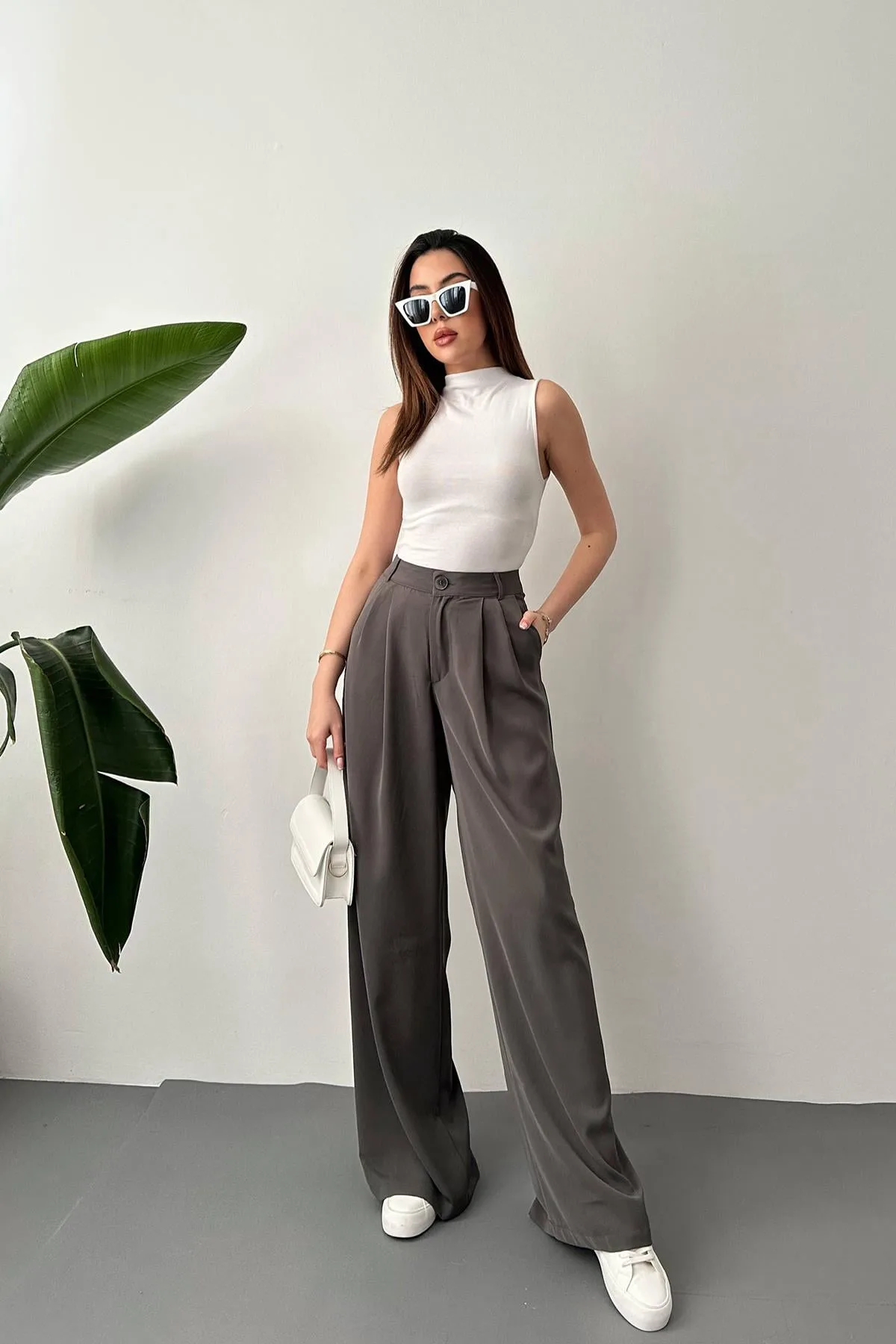Füme Pileli Comfort Pantolon - Füme