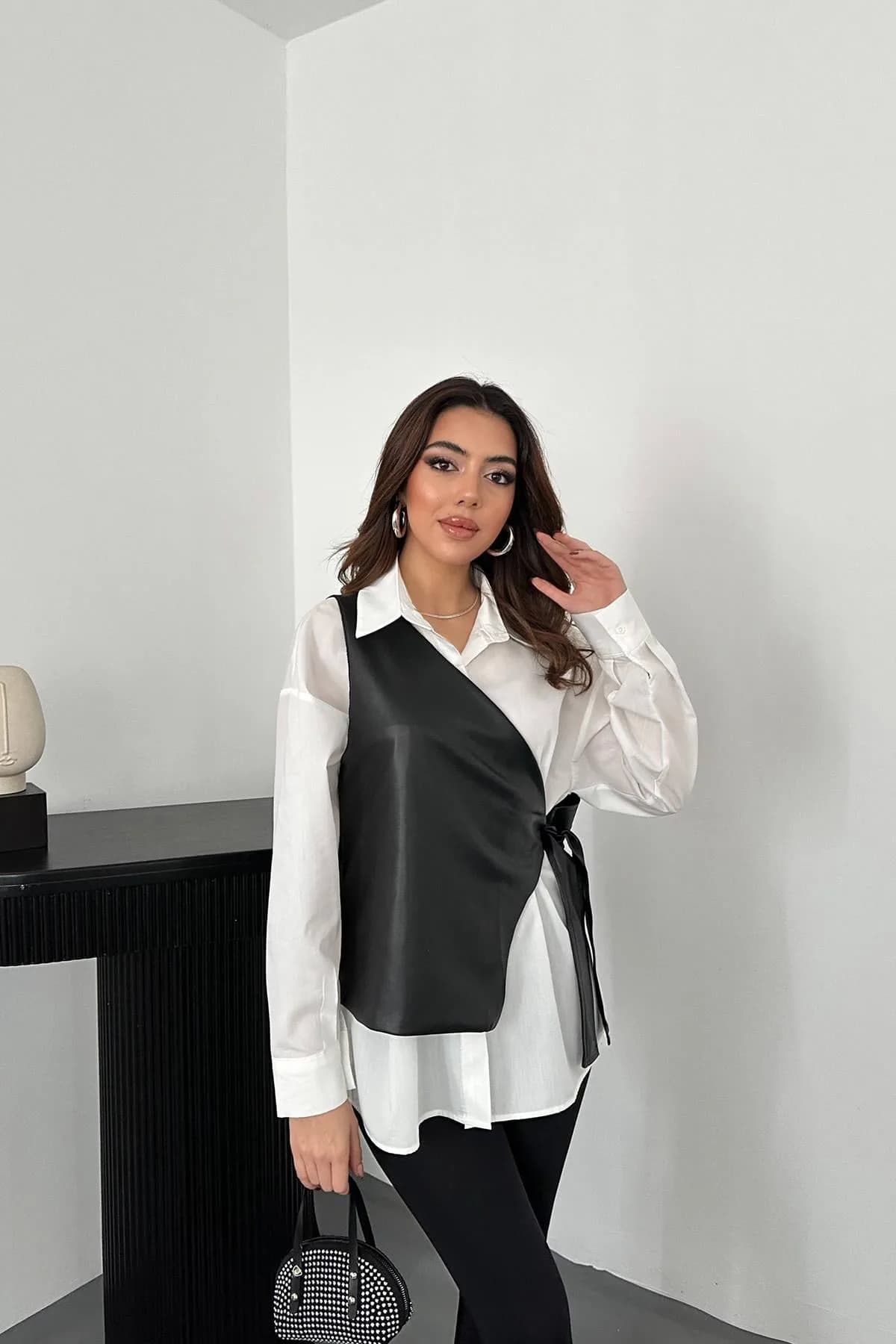 Beyaz Yandan Bağlamalı Yelek Gömlek - Beyaz