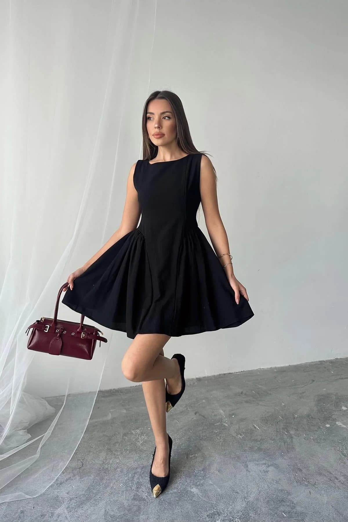 Siyah Mini Boy Büzgülü Keten Elbise - Siyah
