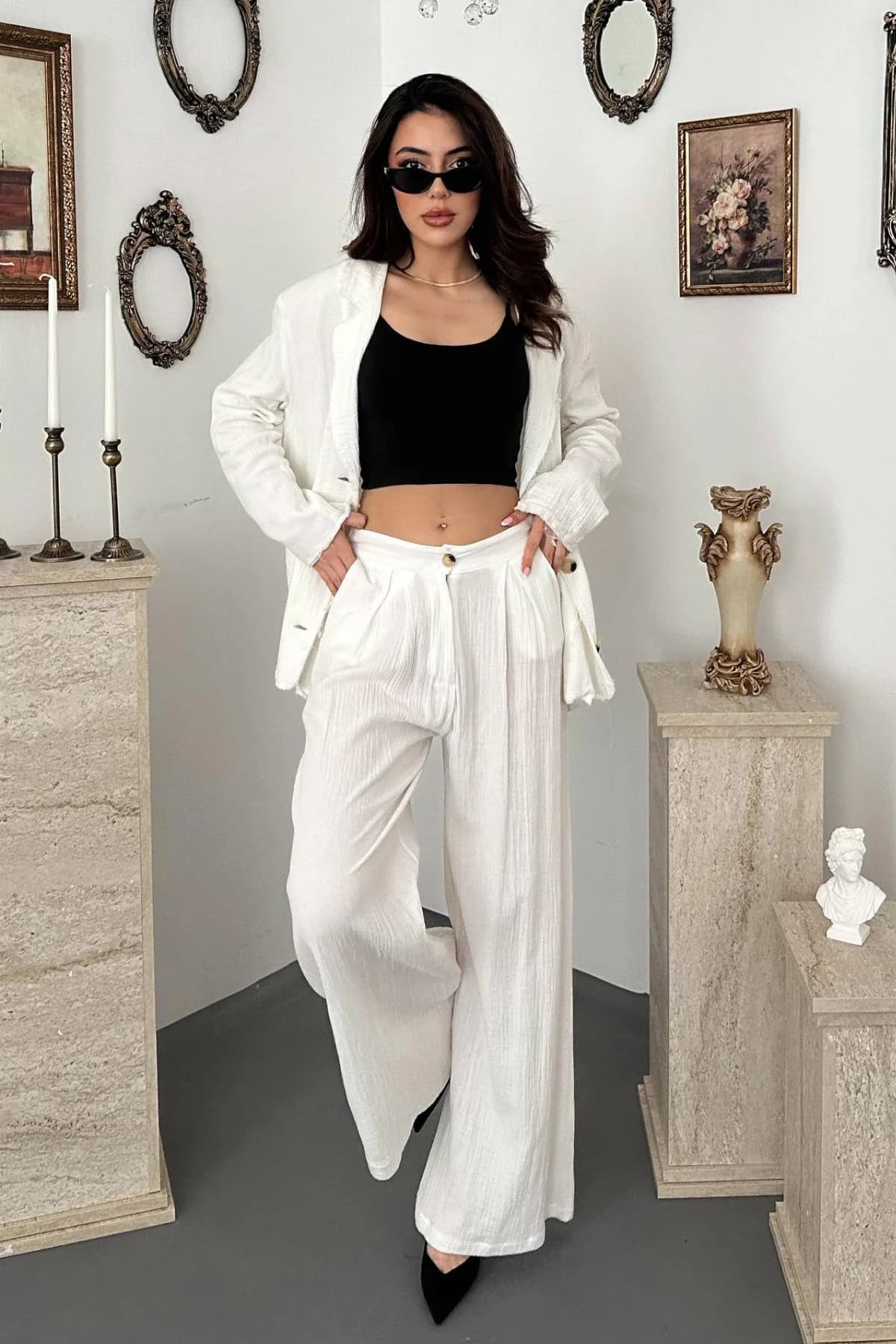 Beyaz Oversize Müslin Takım - Beyaz