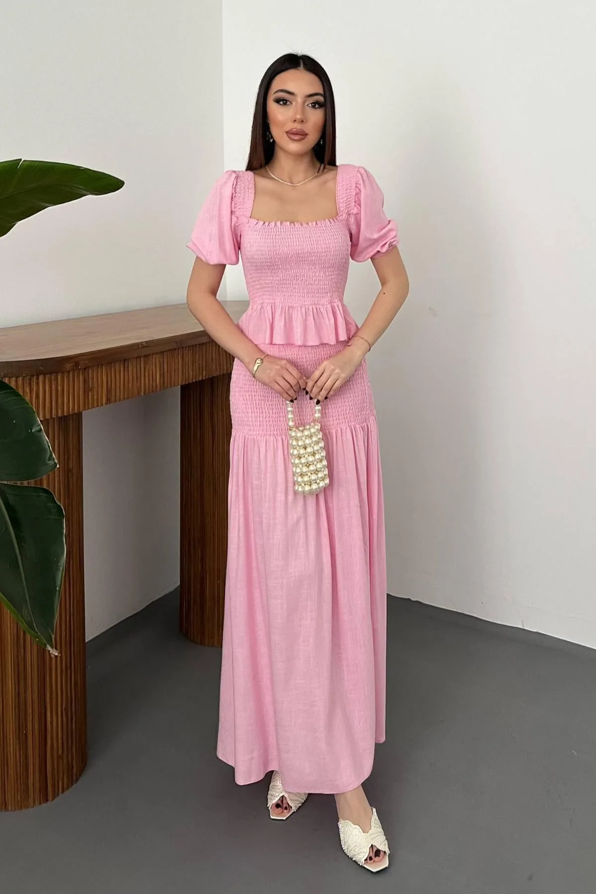 Pembe Gipeli Keten Takım - Pembe