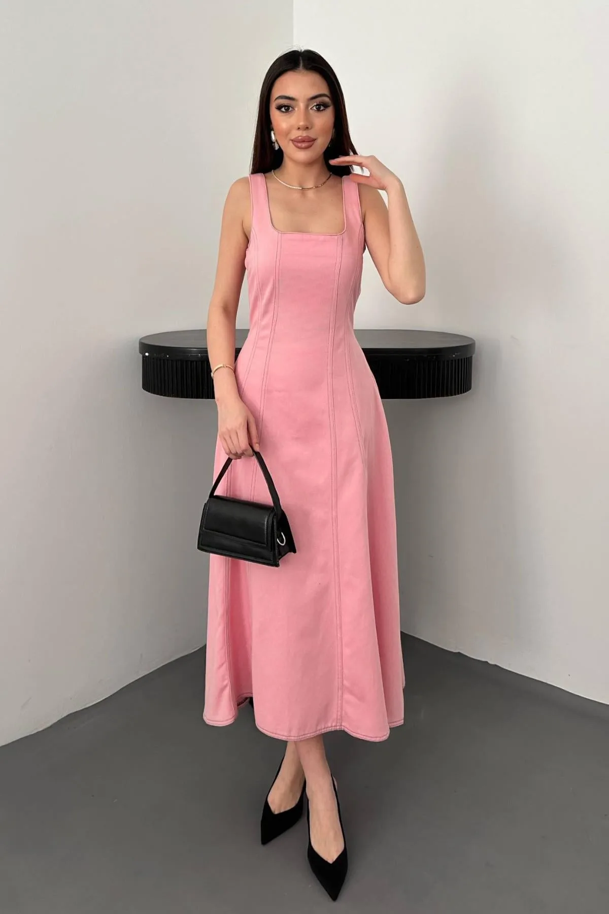 Pembe Çift Dikişli Gabardin Elbise - Pembe