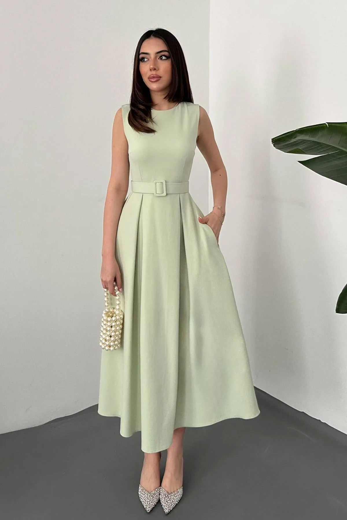 Mint Halter Yaka Kloş Elbise - Mint