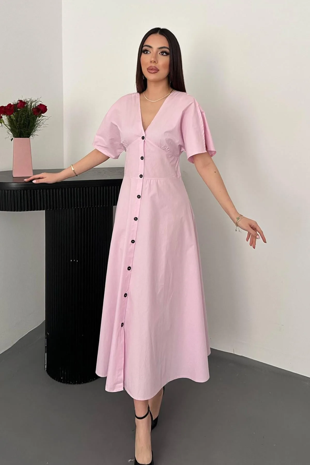Pembe Düğmeli Midi Boy Poplin Elbise - Pembe