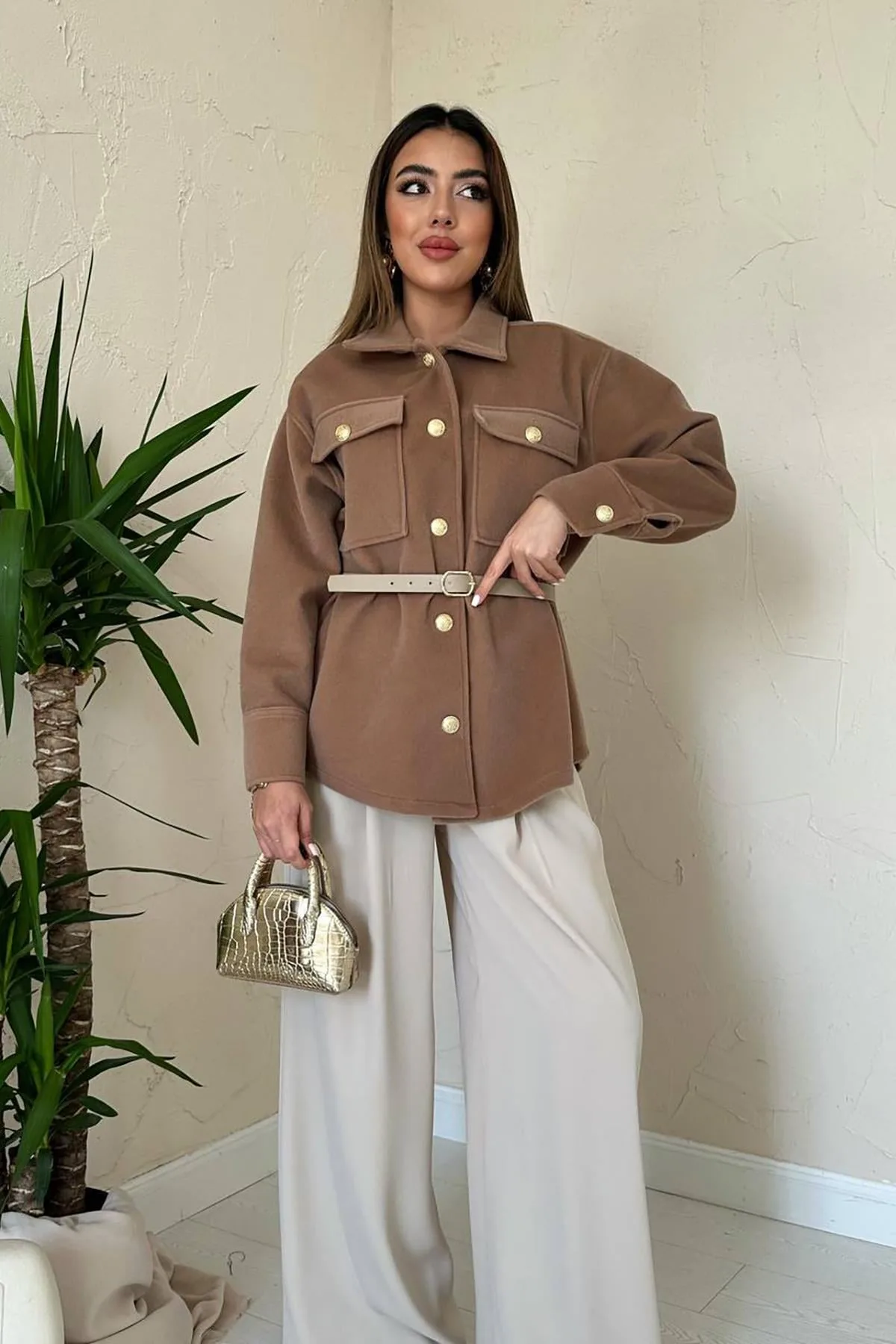 Camel Kaşe Gold Düğmeli Gömlek - Camel
