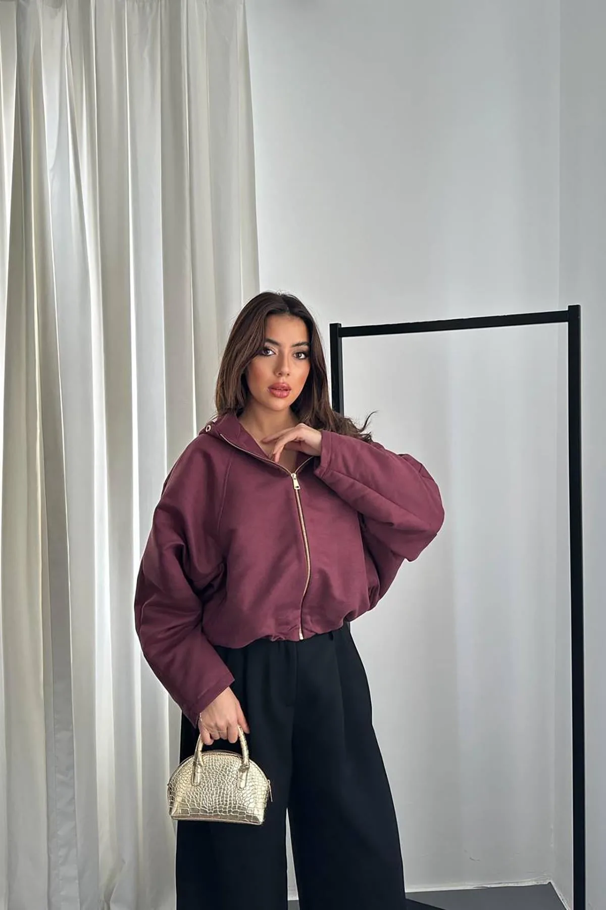 Bordo Kısa Kapüşonlu Ceket - Bordo