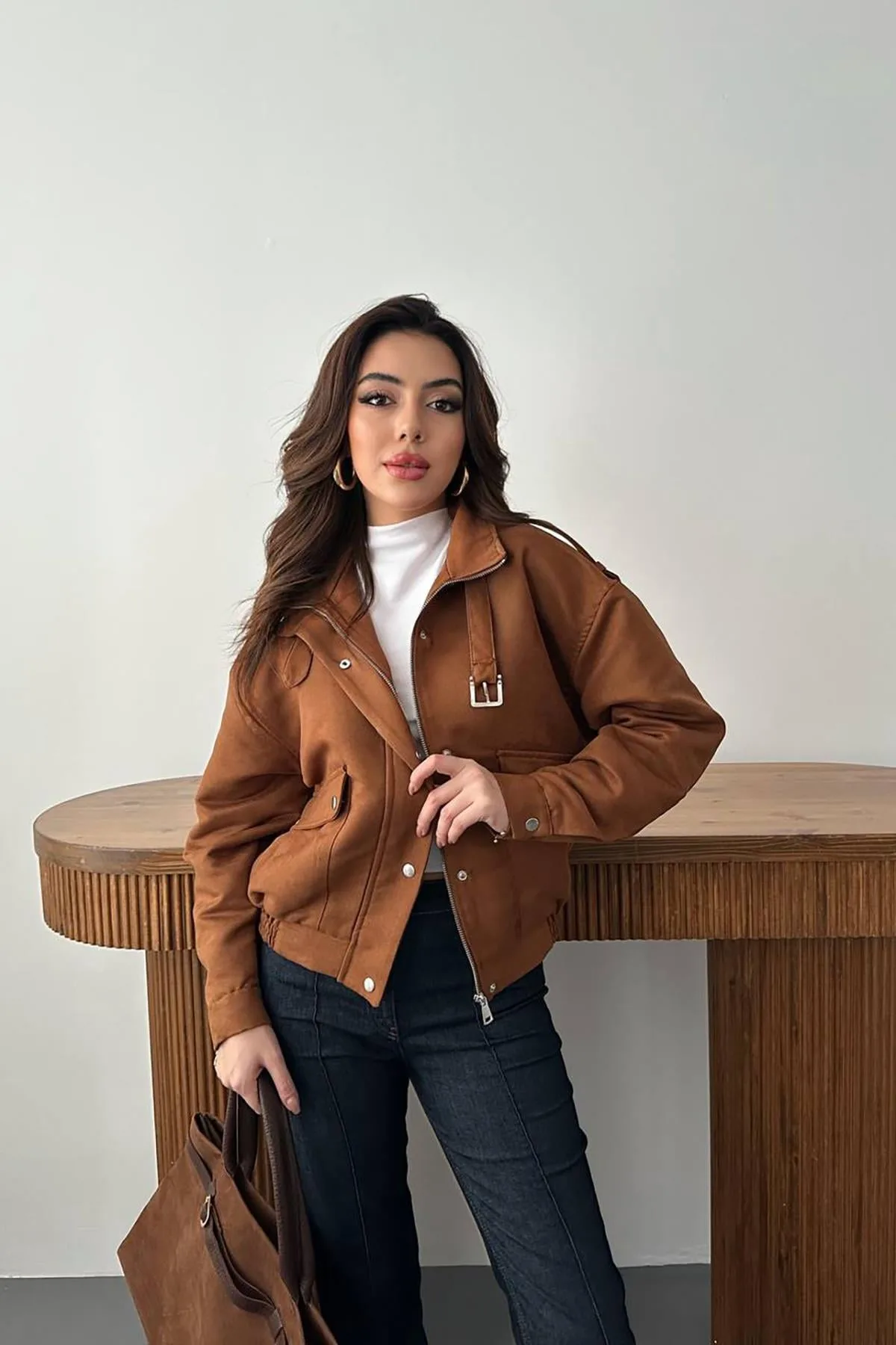 Camel Dik Yakalı Kısa Ceket - Camel