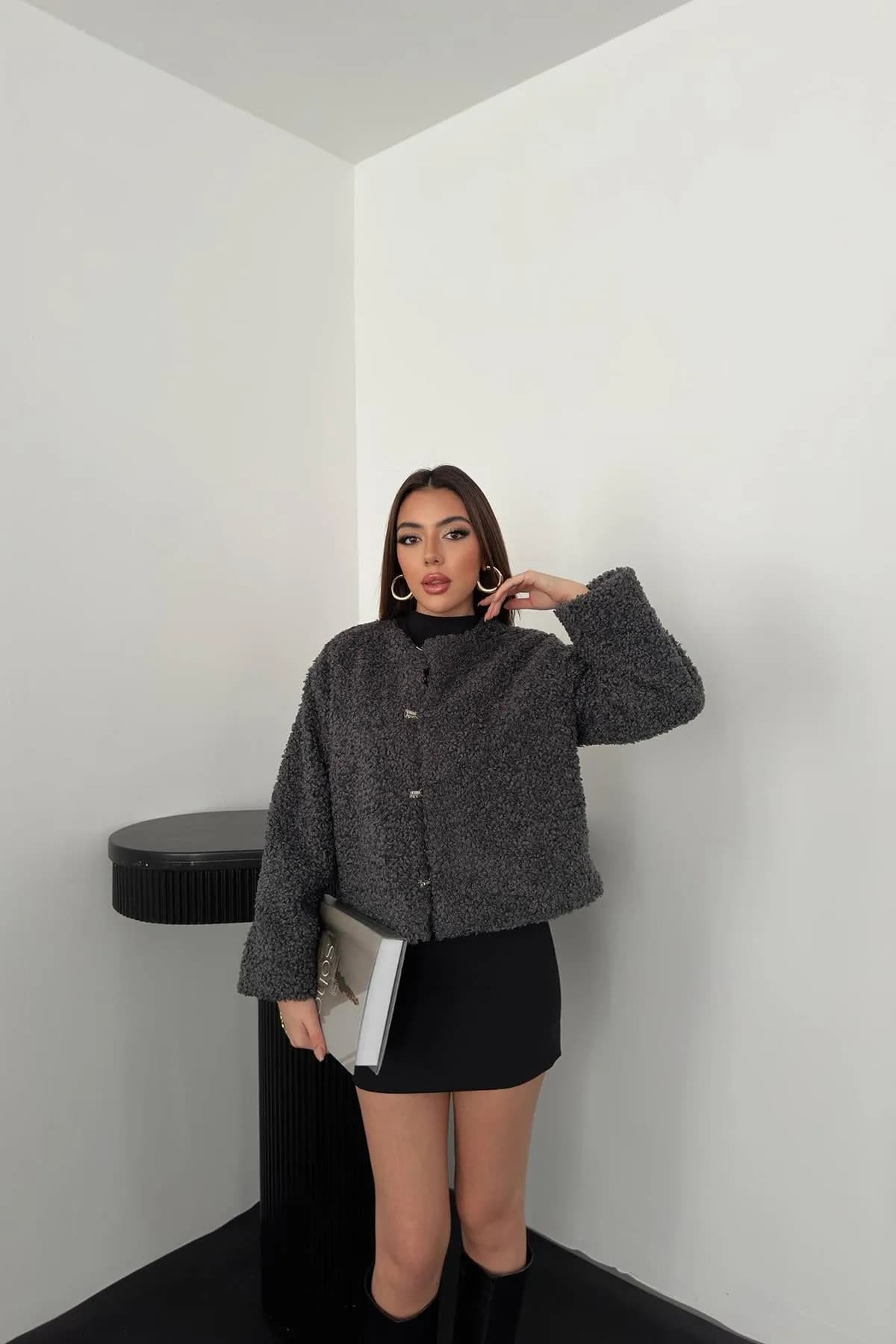 Füme Peluş Kısa Ceket - Füme