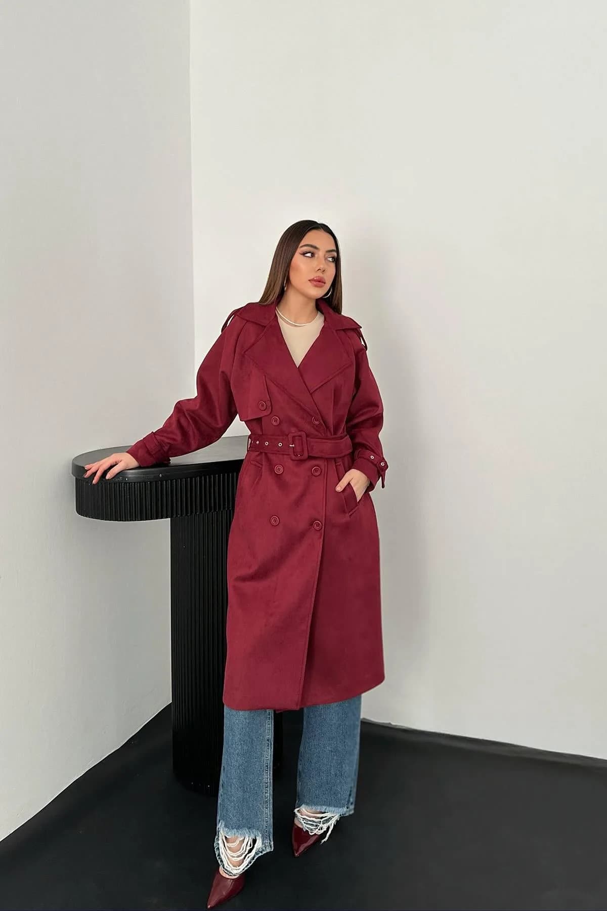 Bordo Reglan Kollu Süet Trençkot - Bordo