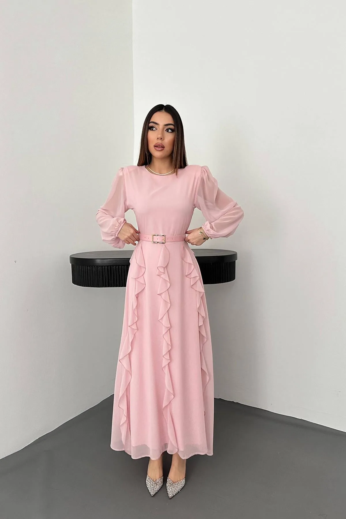 Pembe Kemerli Şifon Elbise - Pembe