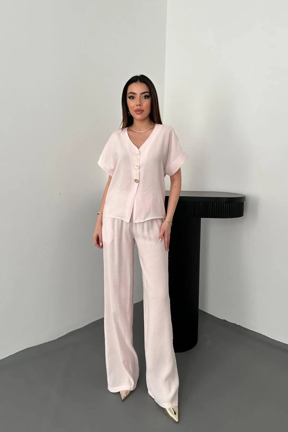 Pembe Düğme Detaylı İkili Modal Takım - Pembe