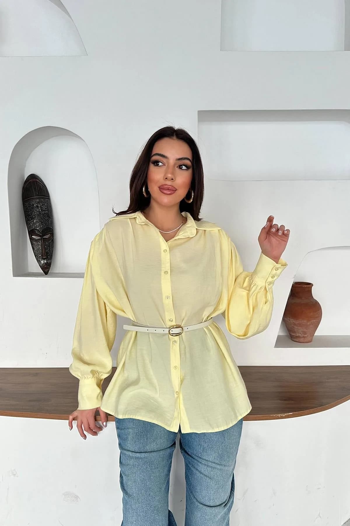 Sarı Kemer Detaylı Modal Gömlek - Sarı