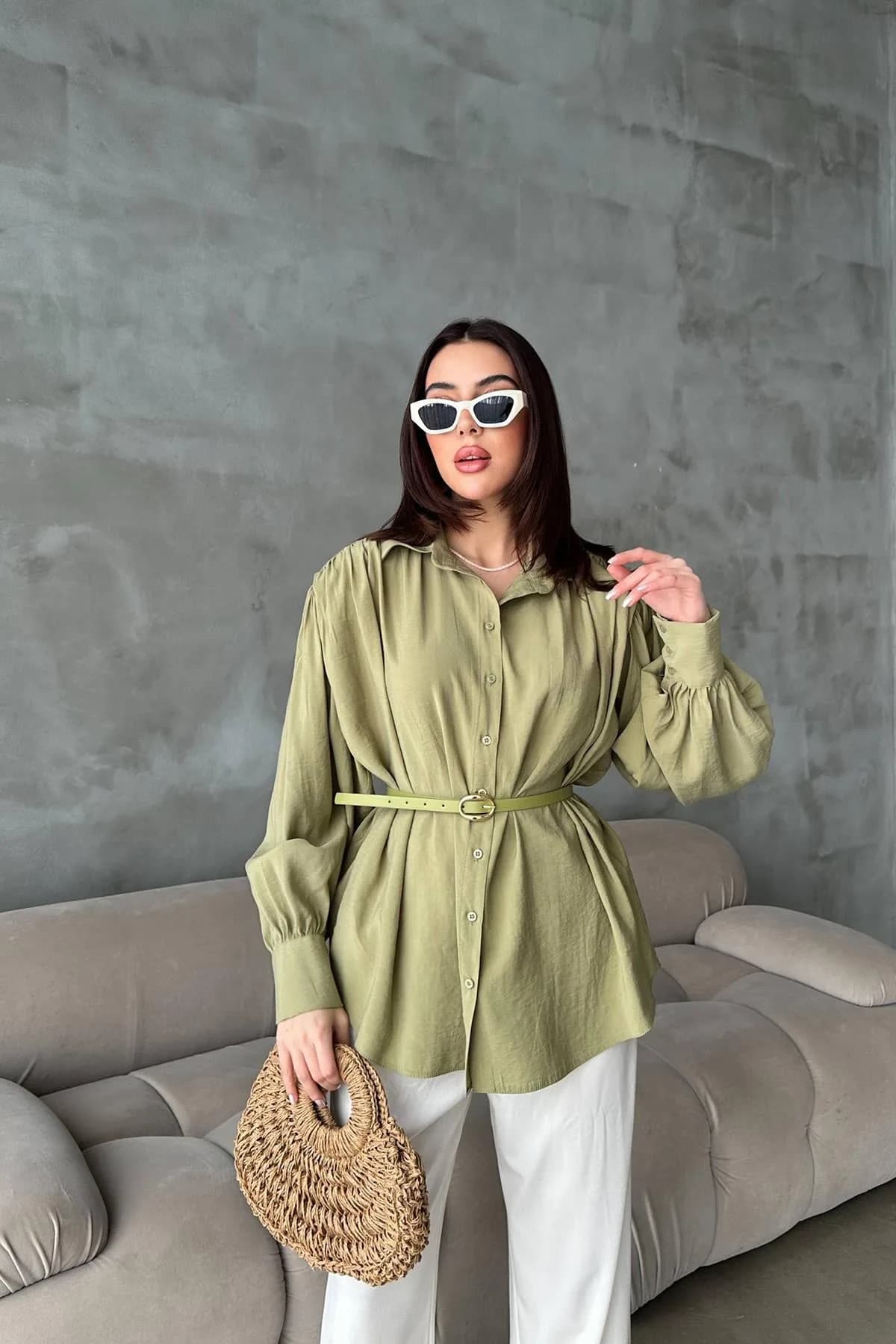 Olive Kemer Detaylı Modal Gömlek - Olive