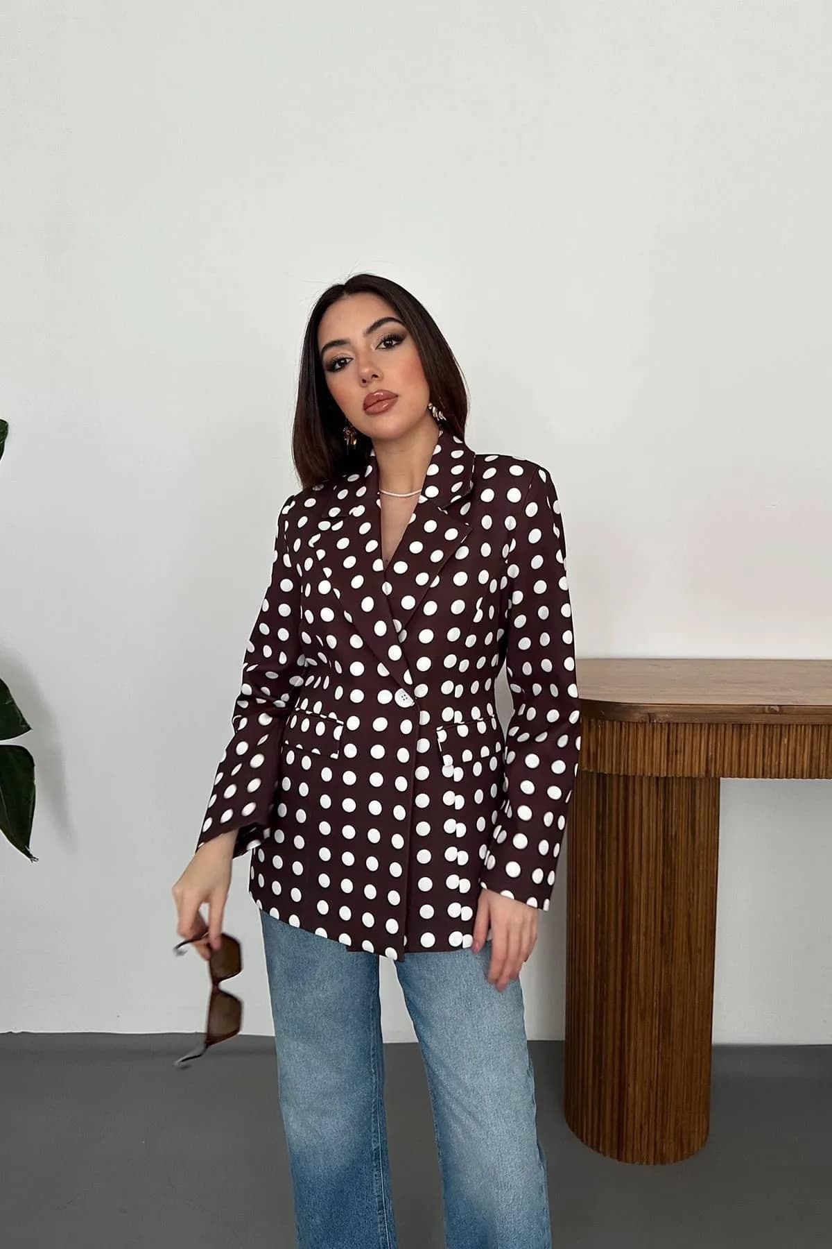 Kahverengi Puantiyeli Blazer Ceket - Kahverengi