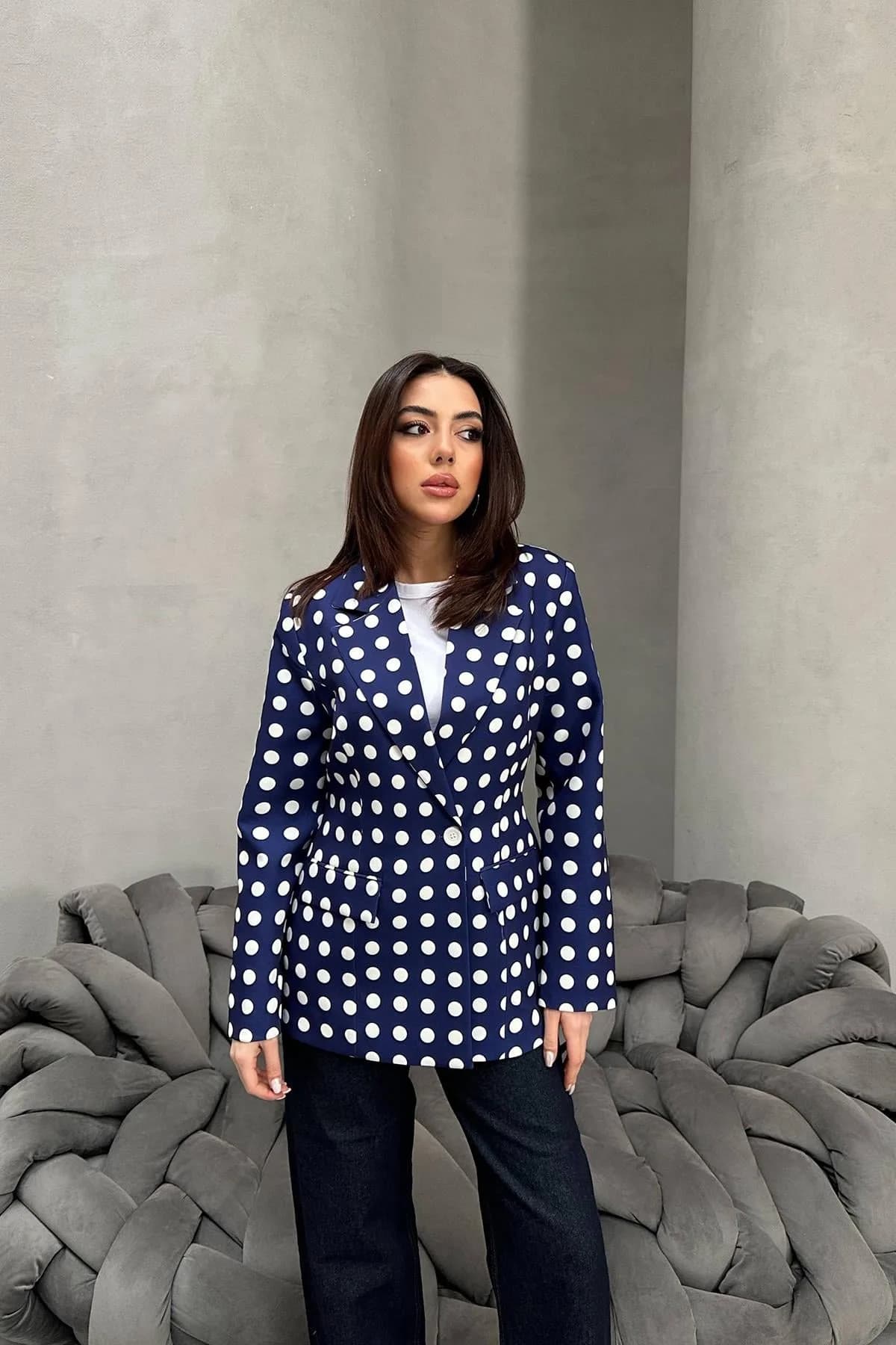 Lacivert Puantiyeli Blazer Ceket - Lacivert