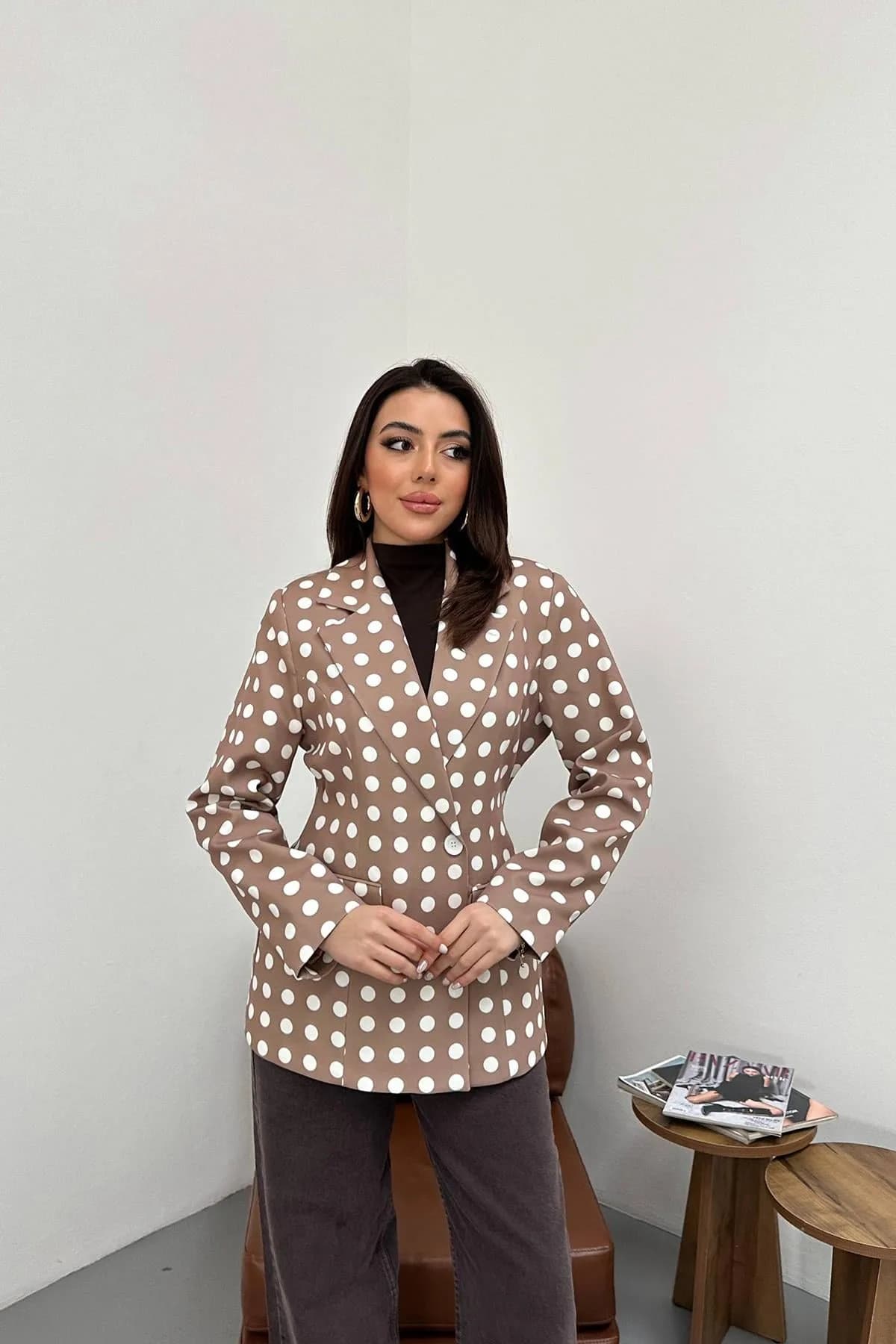 Camel Puantiyeli Blazer Ceket - Camel