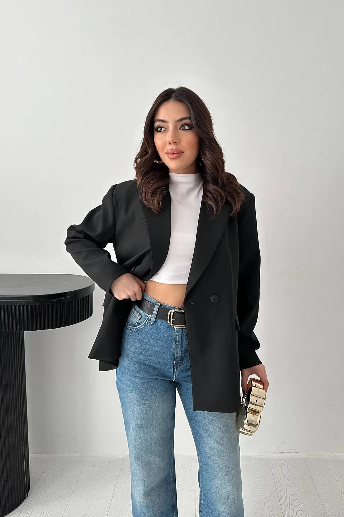 Siyah 2 Düğmeli Blazer Ceket - Siyah