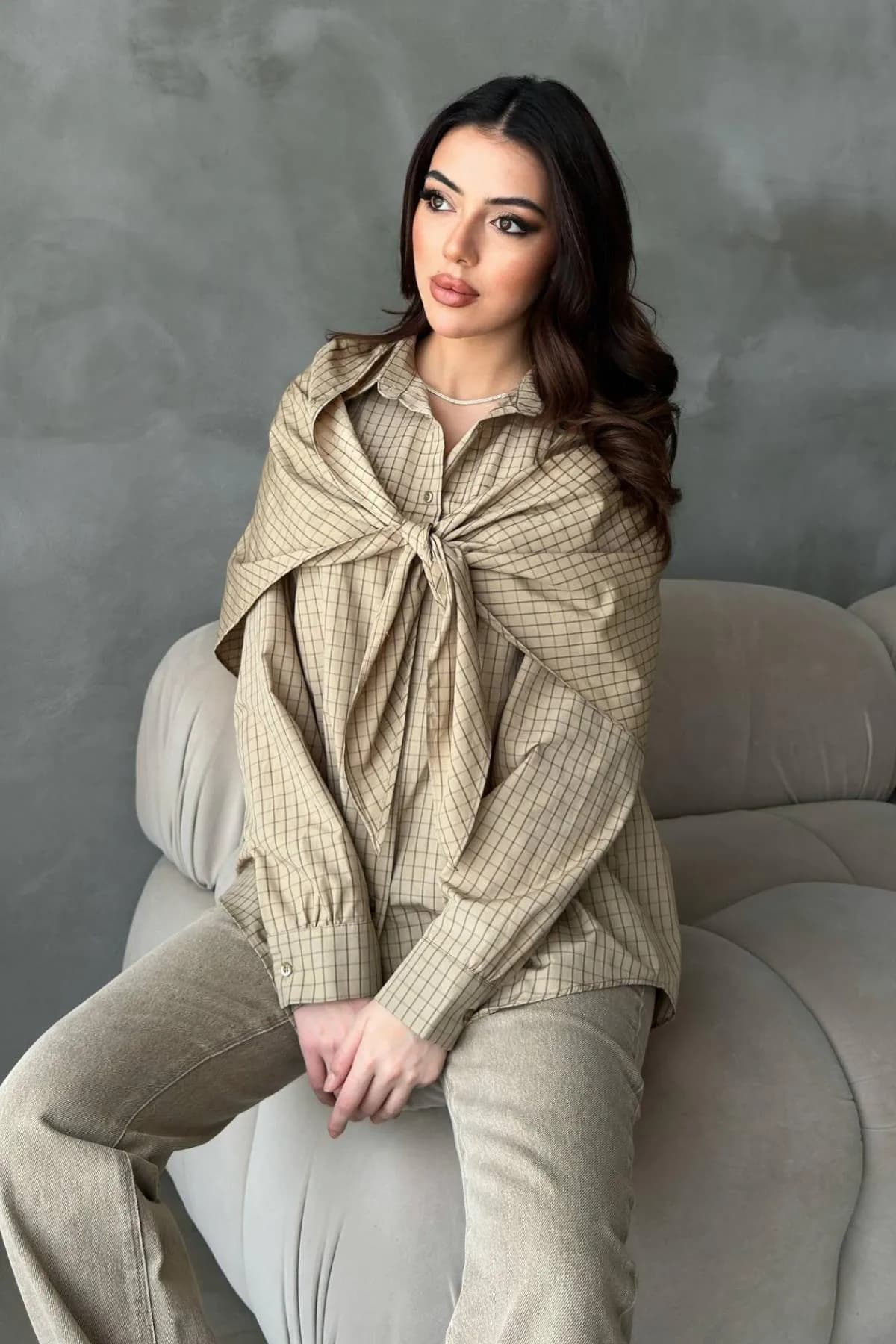 Camel Şal Detaylı Oversıze Gömlek - Camel
