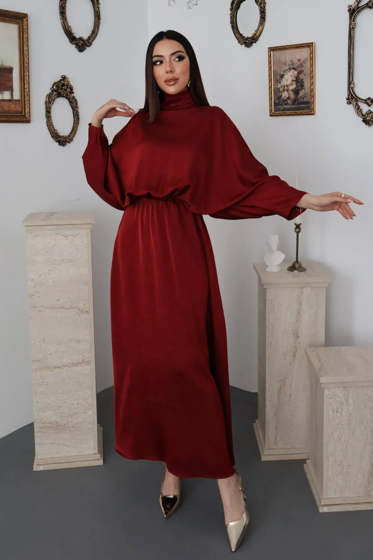 Bordo Jakarlı Saten Elbise - Bordo