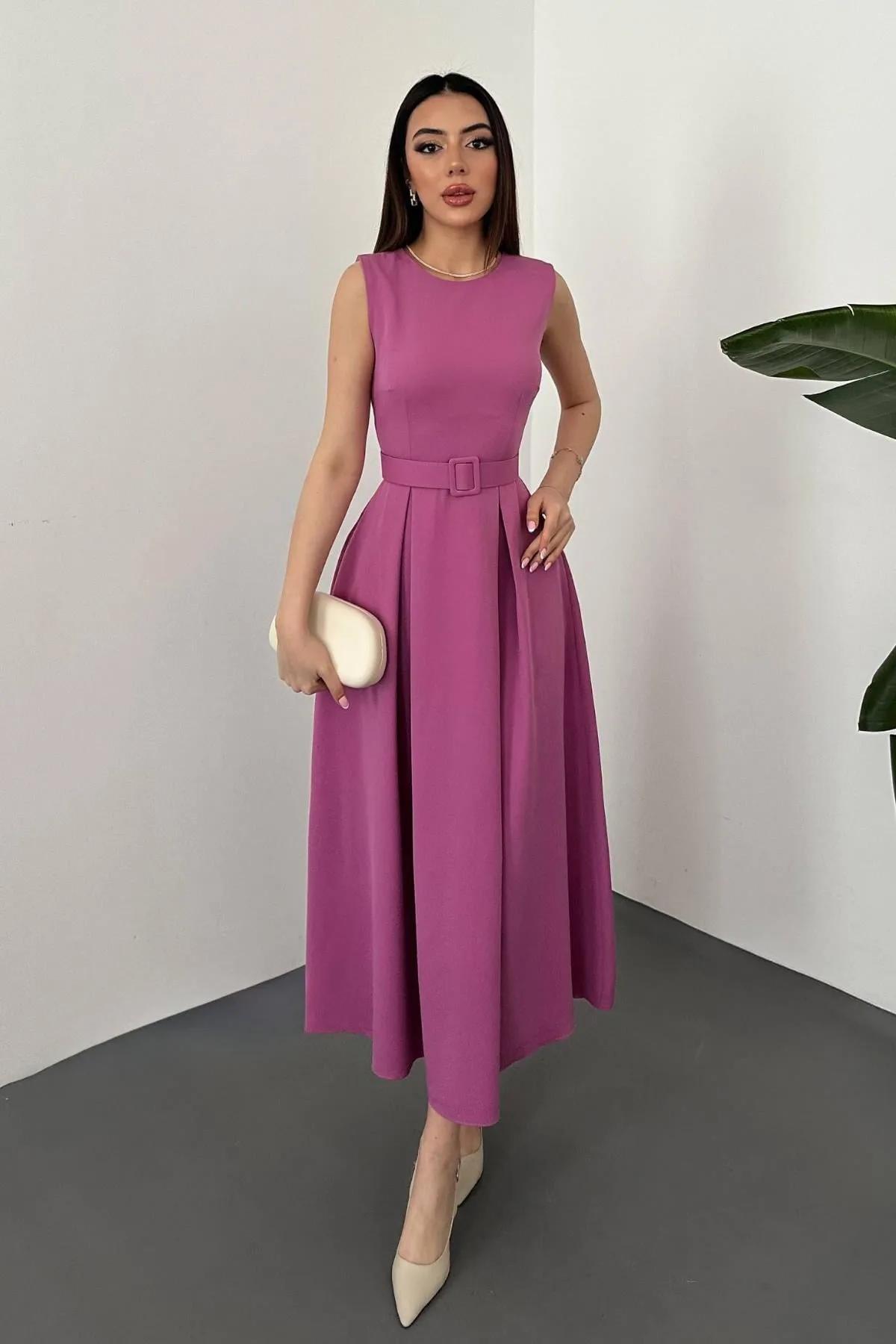 Lila Halter Yaka Kloş Elbise - Lila