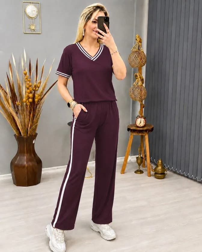 Kadın Kısa Kollu V Yakalı Viskon Iki Iplik Bluz Ve Pantolon Ikili Takım, 35467 - Bordo