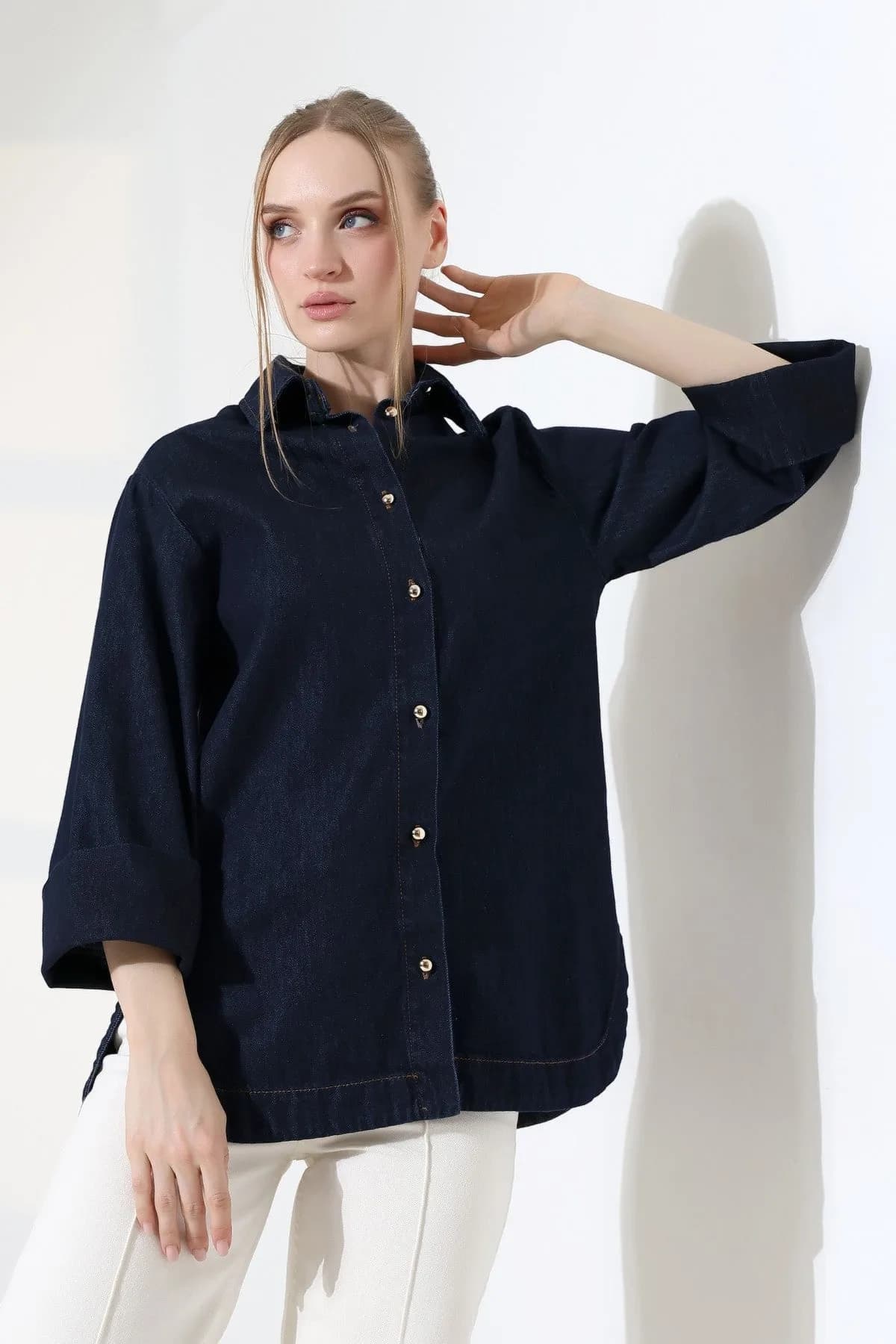 Oversize Düğmeli Gömlek 6262 - Slaplı Lacivert