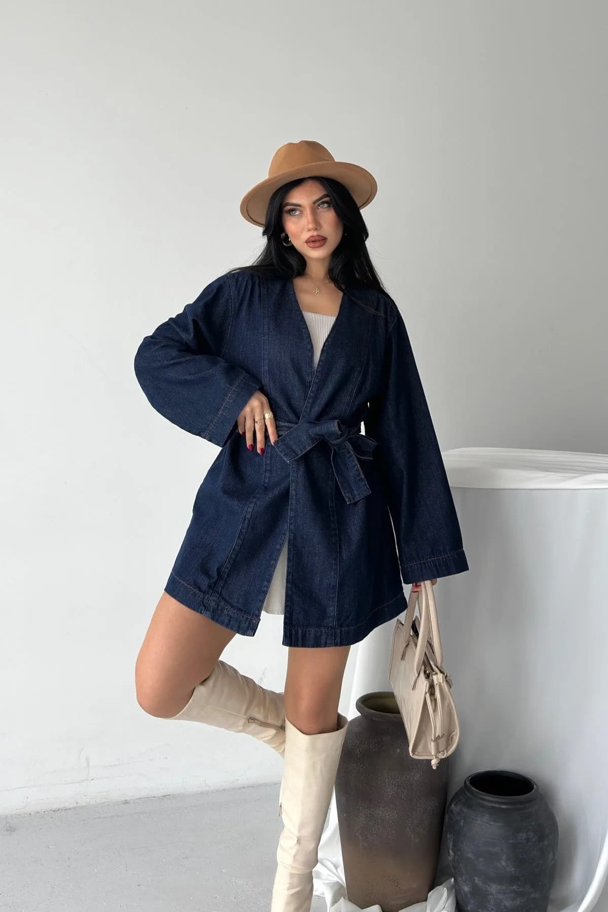 Kuşak Bağlamalı Oversize Ceket 6246 - Slaplı Lacivert