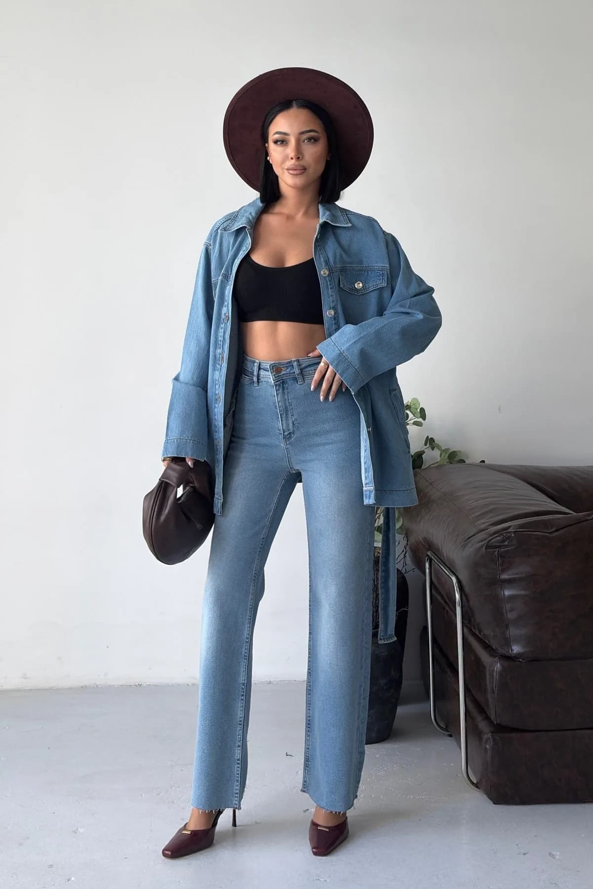 Kuşaklı Oversize Gömlek 6250 - Açık Mavi Kot