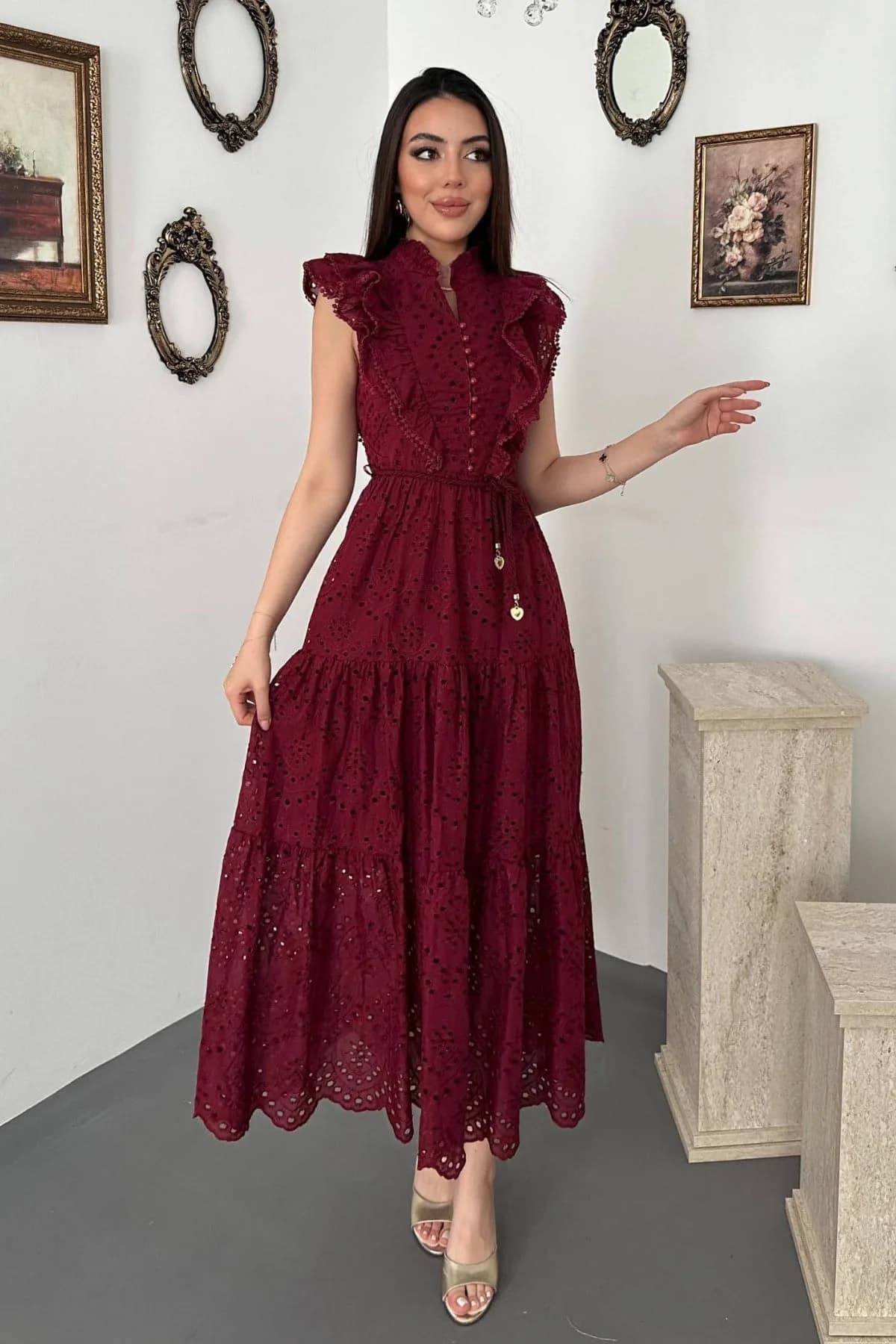 Bordo Fırfırlı Düğmeli Elbise - Bordo