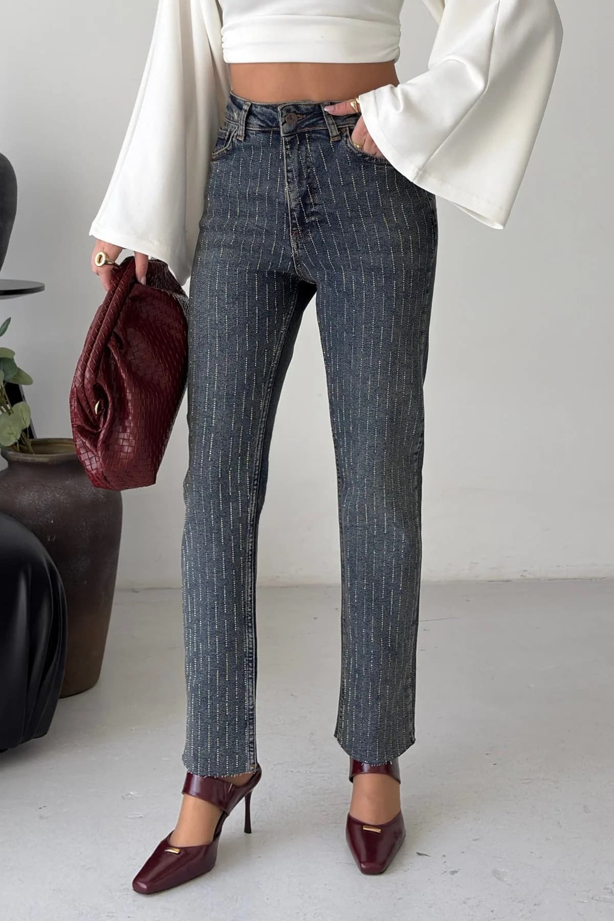 Taşlı Mom Fit Kot Pantolon 7218 - Koyu Mavi Kar Yıkama Tintli