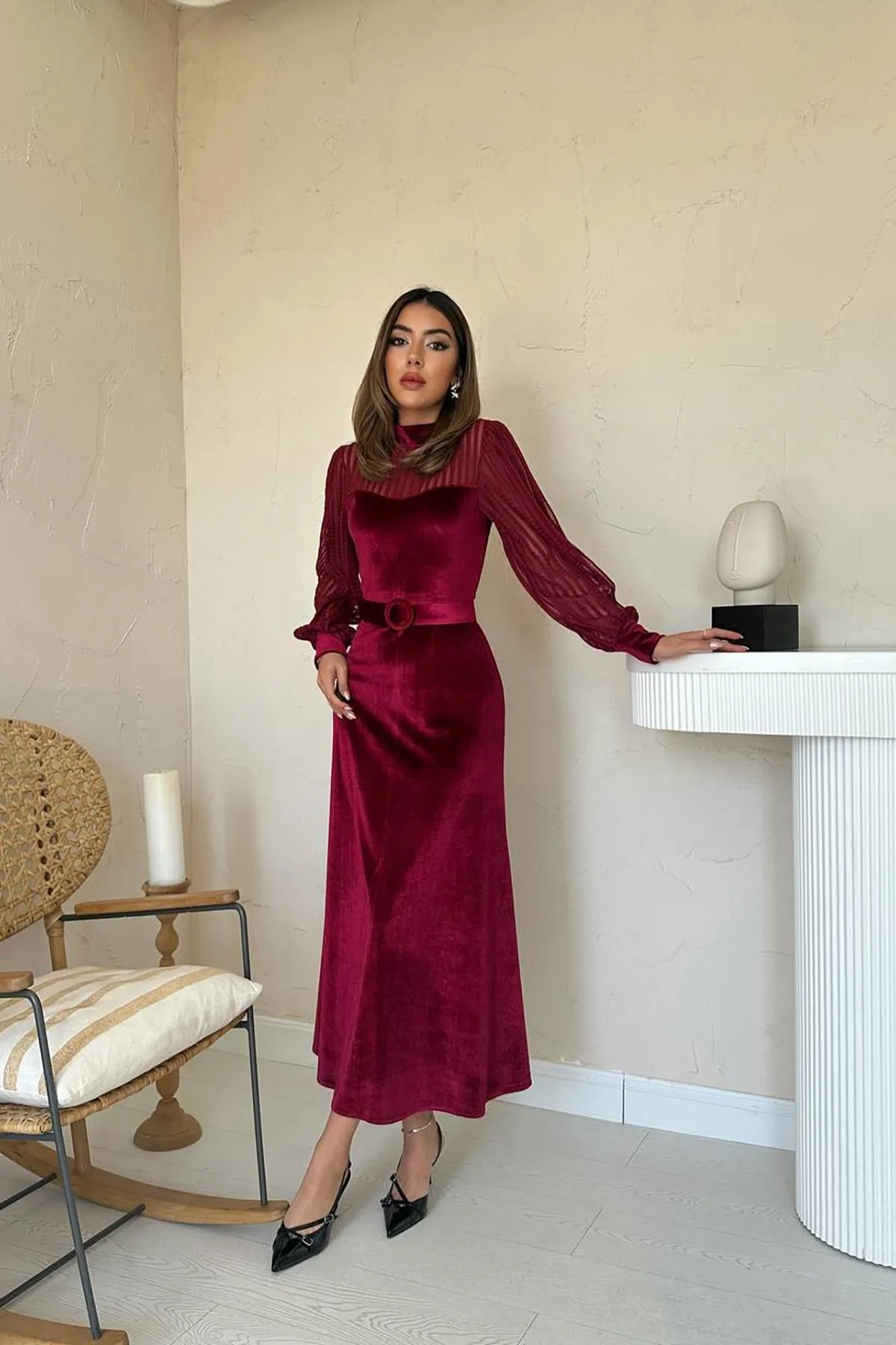 Bordo Kadife Dantel Detaylı Elbise - Bordo