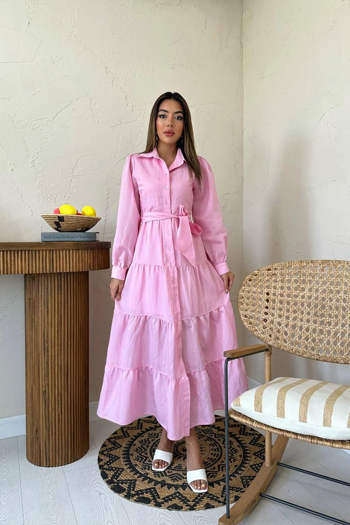 Pembe Kuşaklı Çizgi Desenli Elbise - Pembe