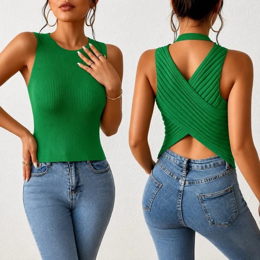 Kadın Sıfır Kol Sırt çapraz Detay Triko Bluz, 35776 - Yeşil