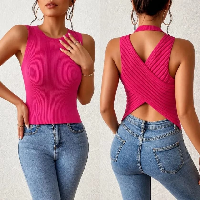 Kadın Sıfır Kol Sırt çapraz Detay Triko Bluz, 35775 - Pembe