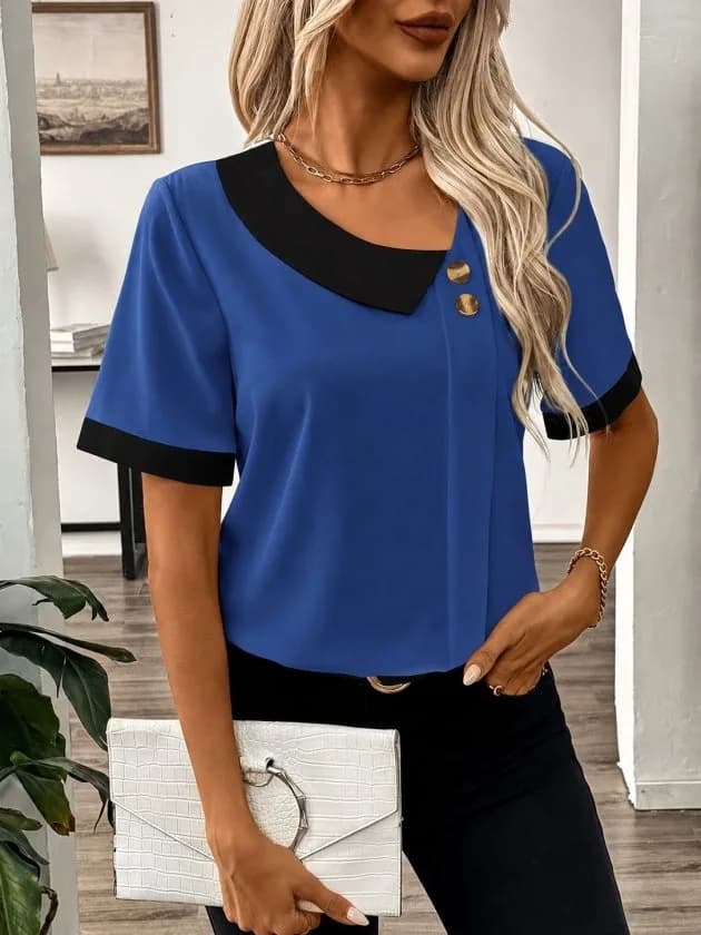 Kadın Kısa Kollu Asımetrik Yaka Detaylı Düğmeli Dubai Bluz, 35799 - Mavi