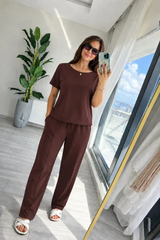 Kadın Kısa Kollu Bisiklet Yakalı Viskon Iki Iplik Bluz Ve Pantolon Ikili Takım, 35857 - Kahve