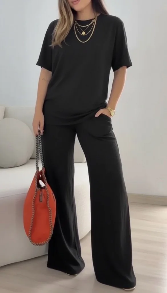 Kadın Kısa Kollu Bisiklet Yaka Viskon Iki Iplik Bluz Ve Pantolon Ikili Takım , 35885 - Siyah