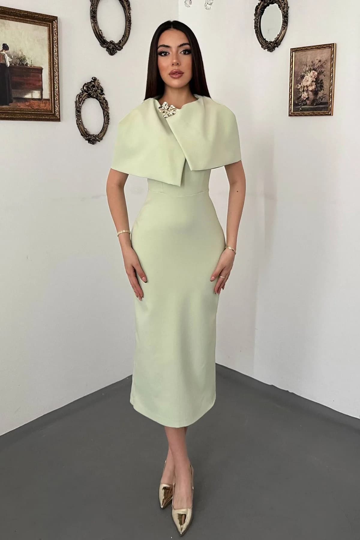 Mint Tek Tokalı Pelerinli Elbise - Mint