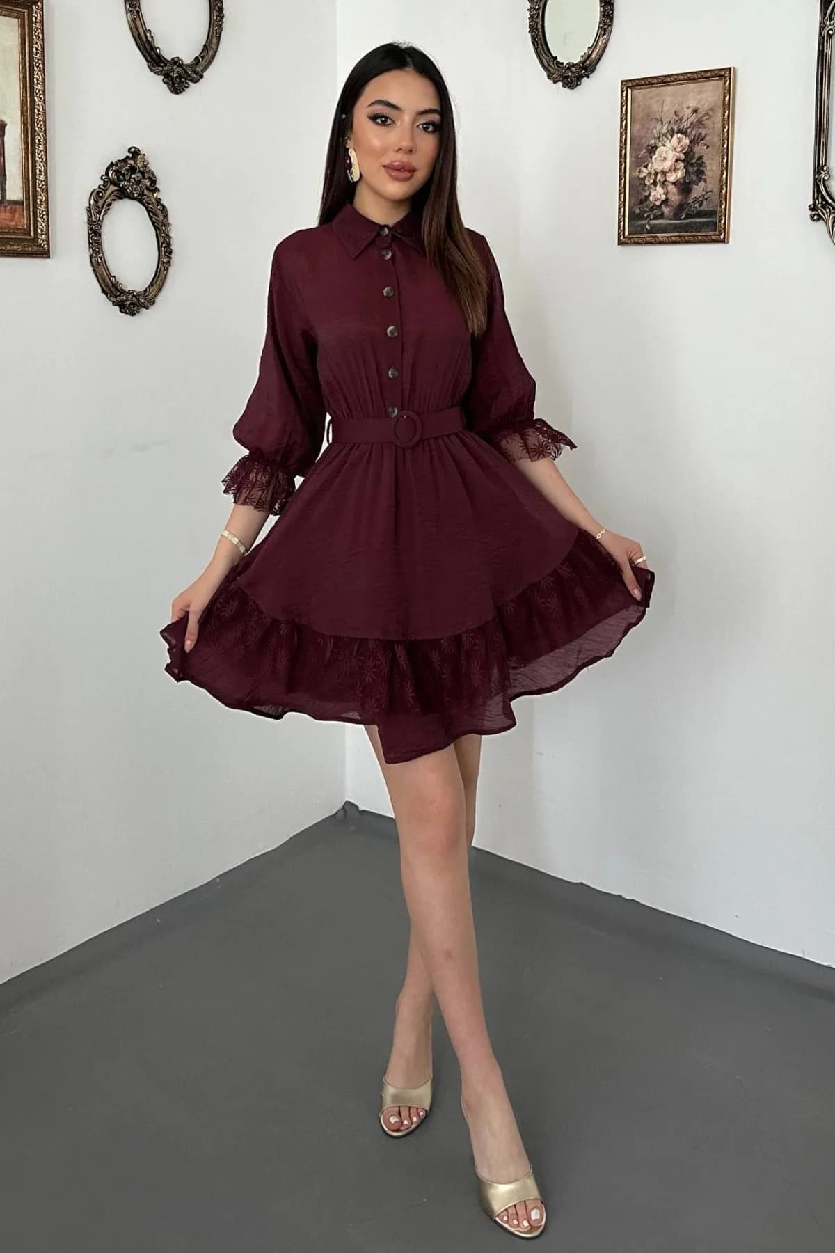 Bordo Önü Patlı Dantelli Elbise - Bordo