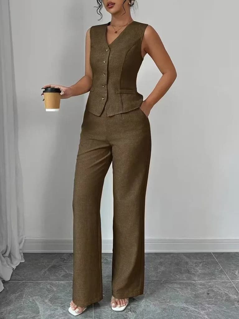 Kadın Askılı önden Düğmeli Bluz Ve Pantolon Keten Ikili Takım, 36009 - Kahve