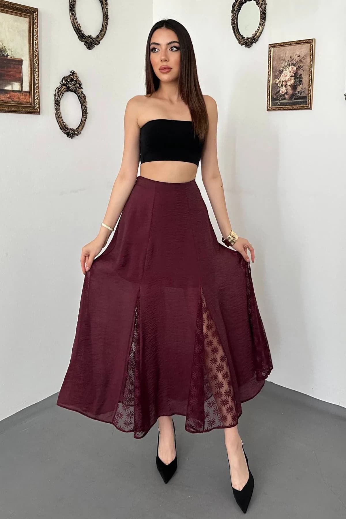 Bordo Dantelli Kraşlı Etek - Bordo