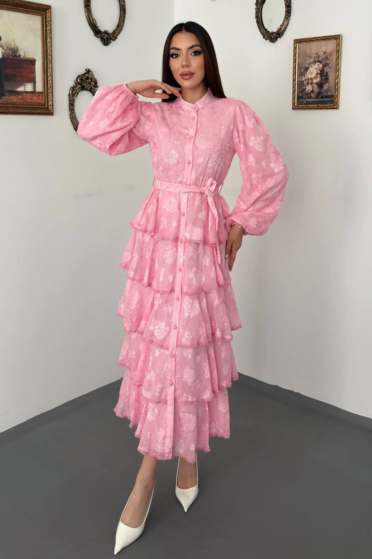 Pembe Valonlu Şeritli Uzun Elbise - Pembe