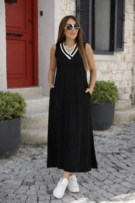 Kadın Kolsuz V Ribana Yakalı Cepli Uzun Viskon Iki Iplik Elbise, 36056 - Siyah