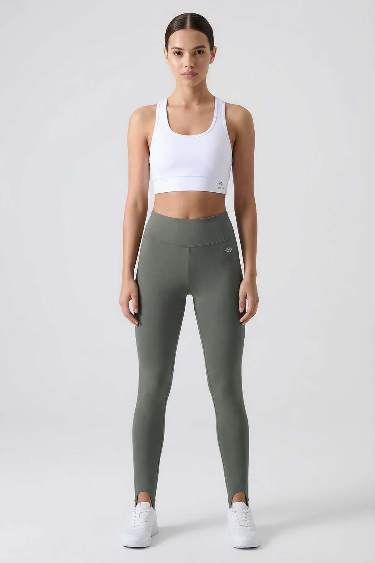 Tommylife Toptan Haki Standart Fit Esnek Spor Performans Kadın Topuklu Tayt - 94685 - Haki