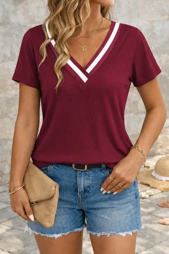 Kadın Kısa Kollu V Yakalı Bürümcük Bluz, 36151 - Bordo