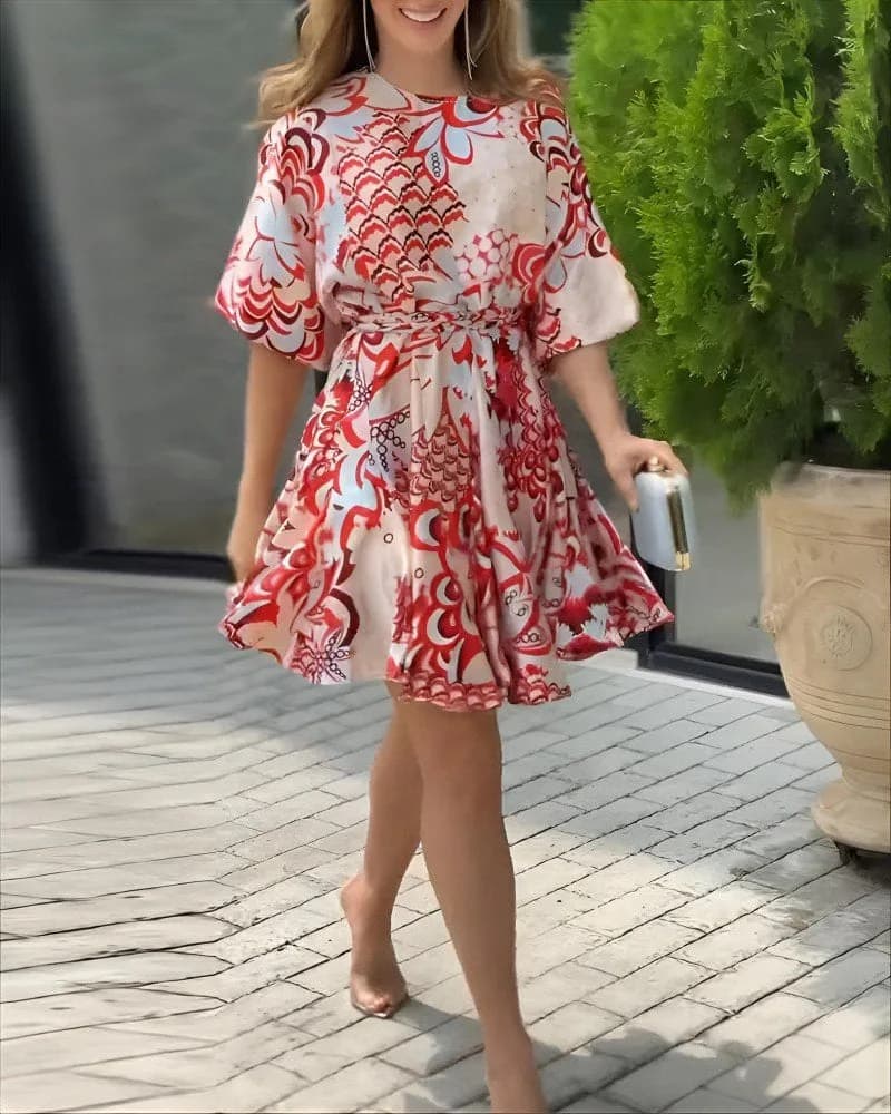 Kadın Kısa Balon Kollu Yuvarlak Yakalı Pileli Desenli Mini Elbise , 36172 - Desenli